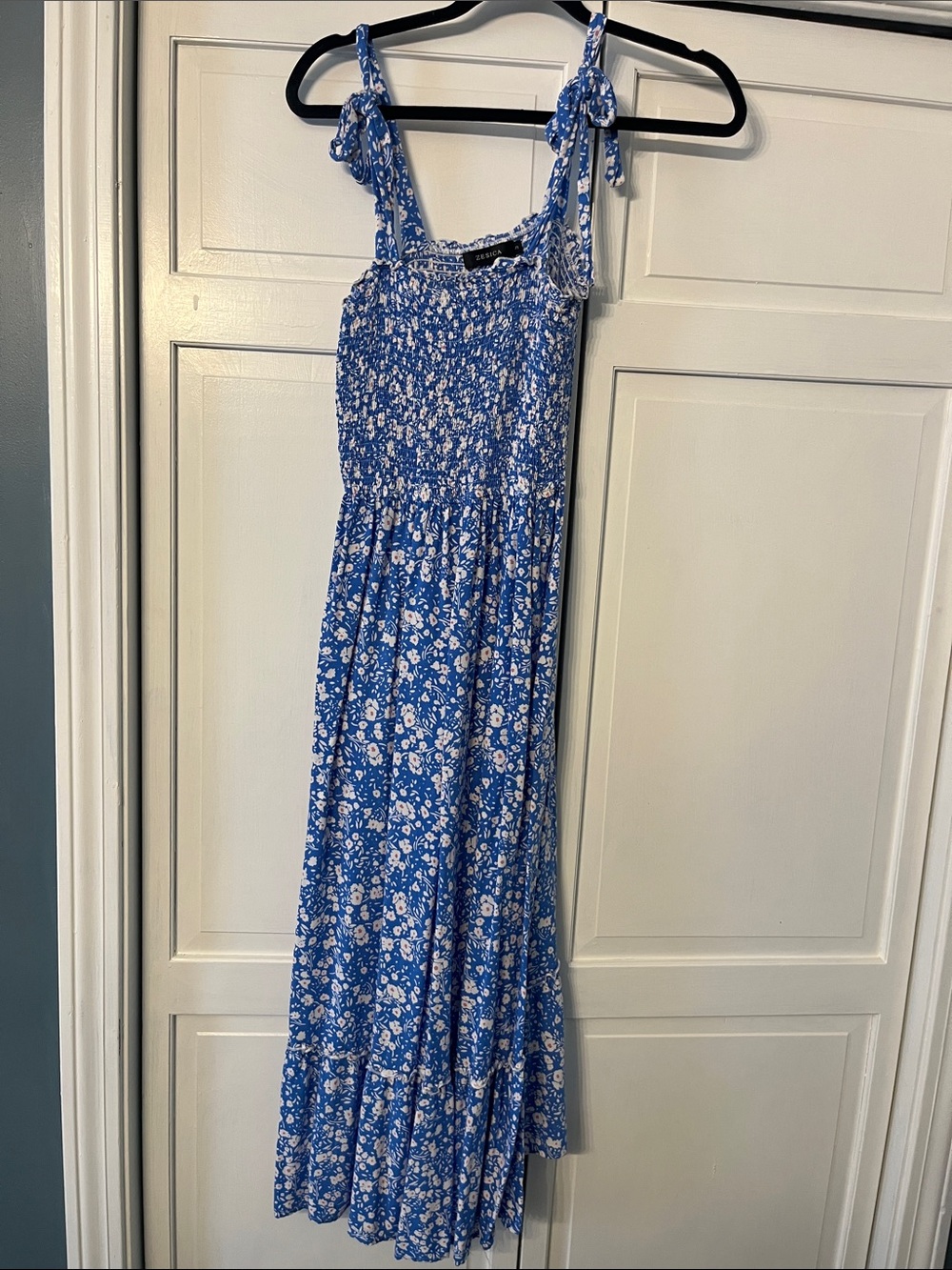 Blue Floral Smocked Maxi Dress with Tie Straps
